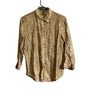 Lauren Ralph Lauren Linen Shirt Women Medium Tan Chevron Button Up Preppy Career